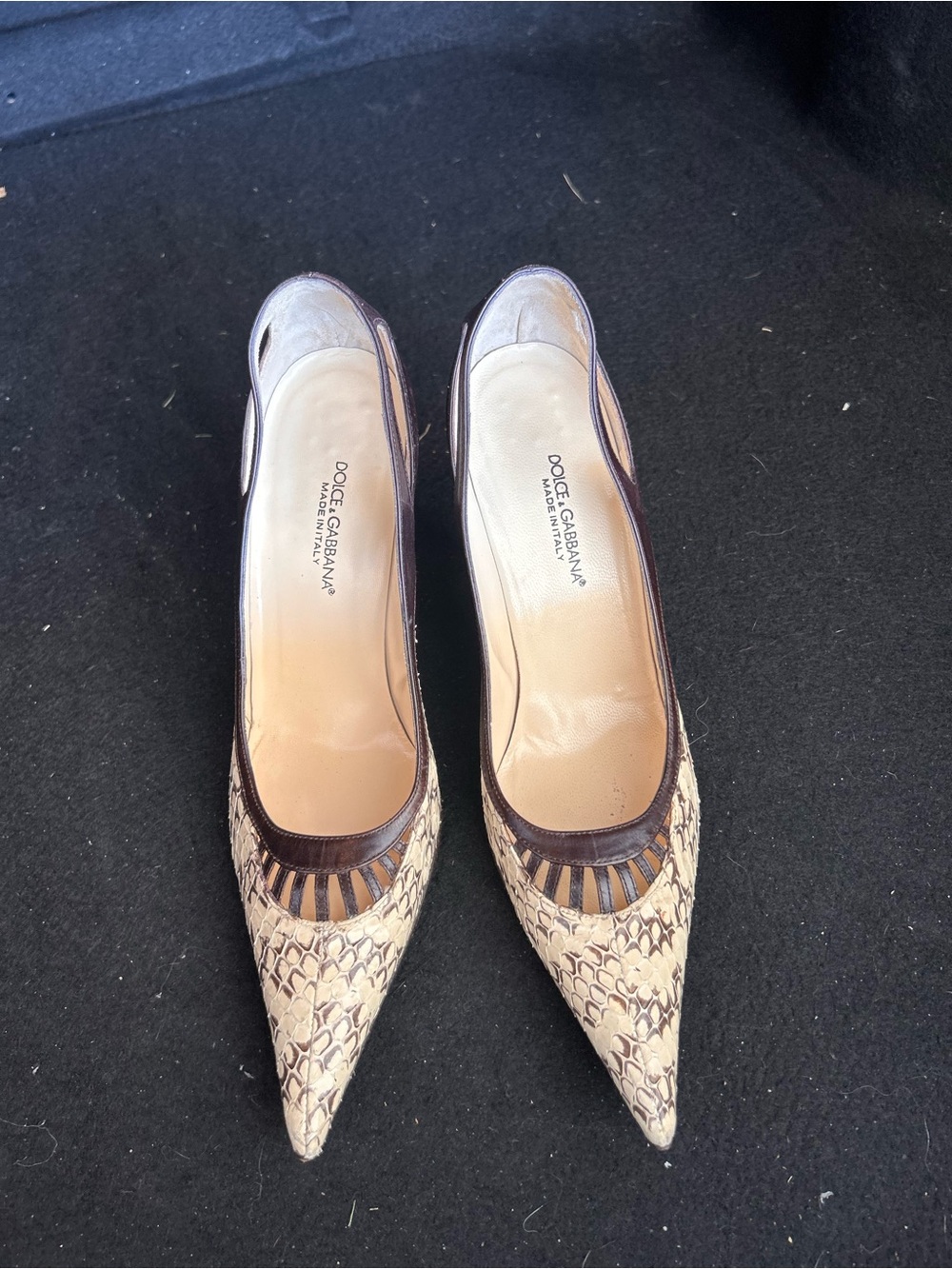 Dolce & Gabbana Beige and Brown Pointed Toe Python-Leather Print Pumps
